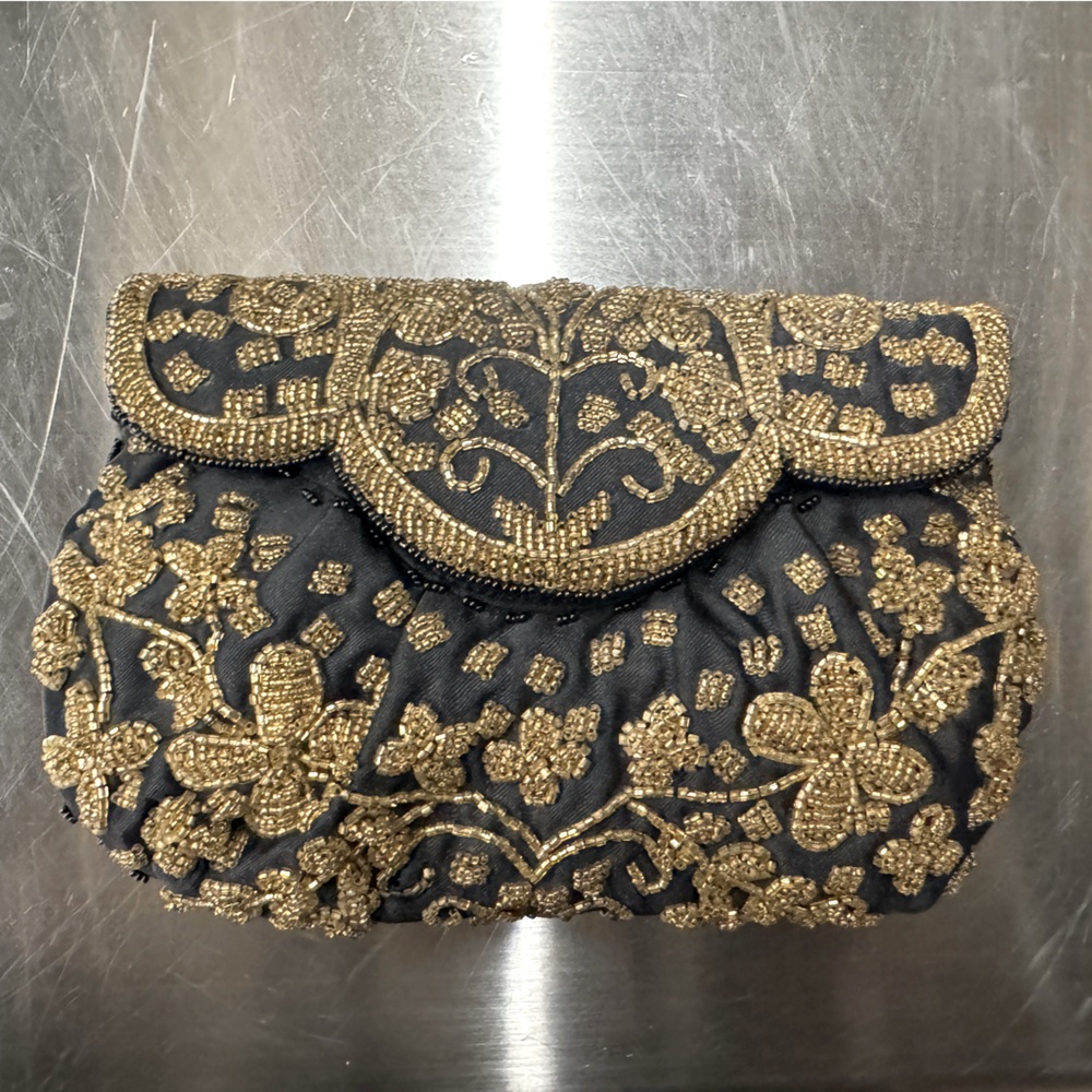Lord and Taylor vintage black satin beaded clutch NEW condition